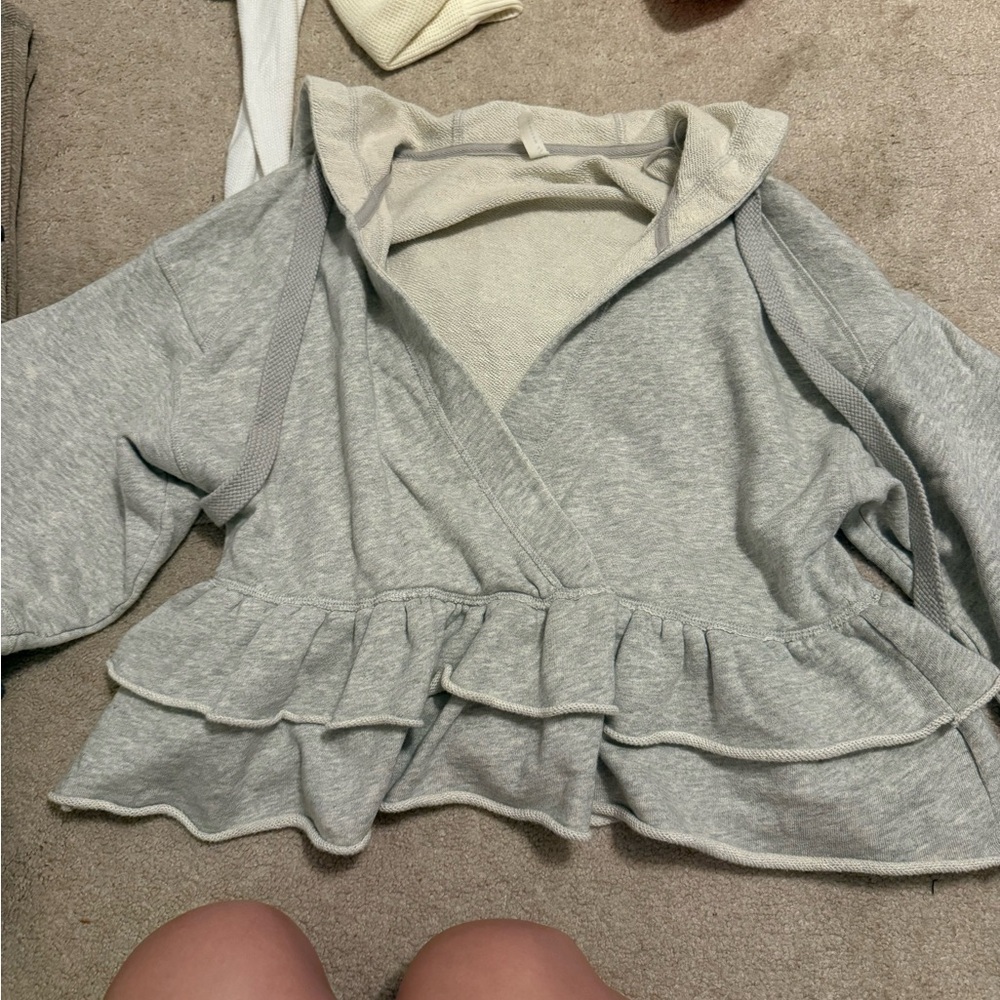 Gray Ruffled Wrap Sweater